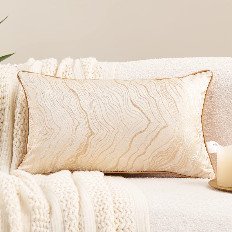 Avigers 12 x 20 Inch Rectangle Beige Gold Abstract Striped Embroidery Cushion Case Luxury Modern Throw Pillow Cover Decorative Pillow for Couch Living Room Bedroom Car - Image 1